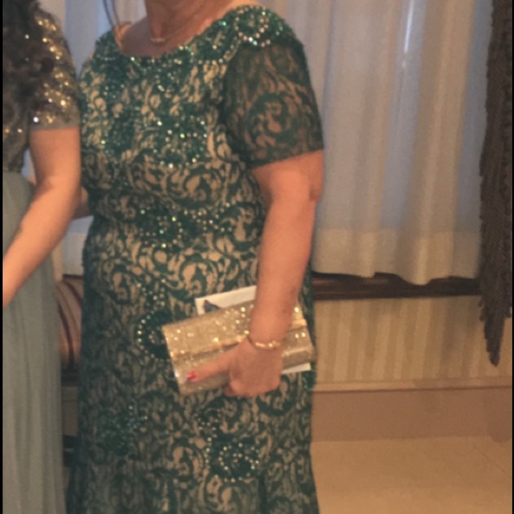 Green and tan lace full length dress